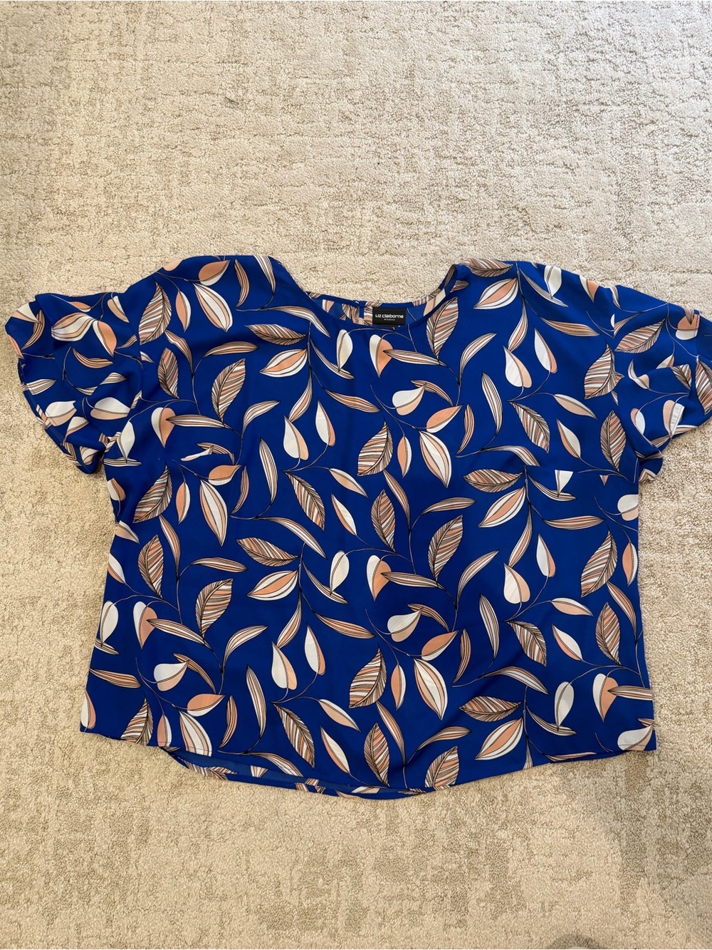 Liz Claiborne Leaf-Print Blue Short-Sleeve Blouse